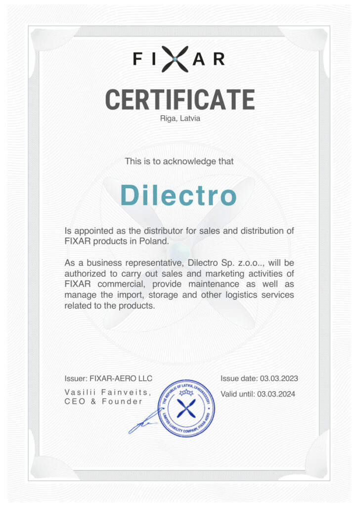 Dilectro certyfikat FIXAR